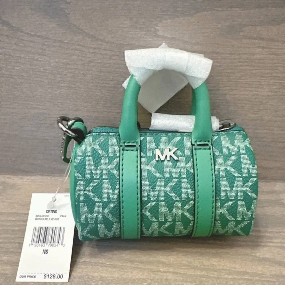 MICHAEL KORS Gifting Micro Duffle Keyfob MK Logo Signature Green Palm NWT